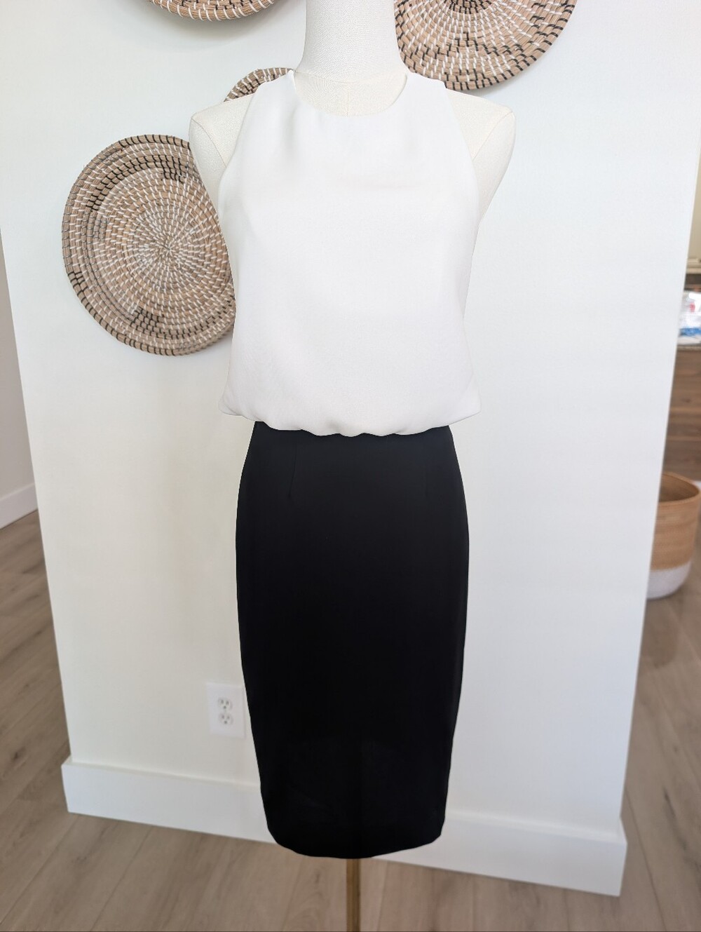 L'Agence Black White Colorblock Halter Crisscross Back Midi Pencil Dress